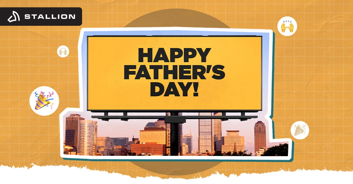 Happy Father's Day signage with city skyline below